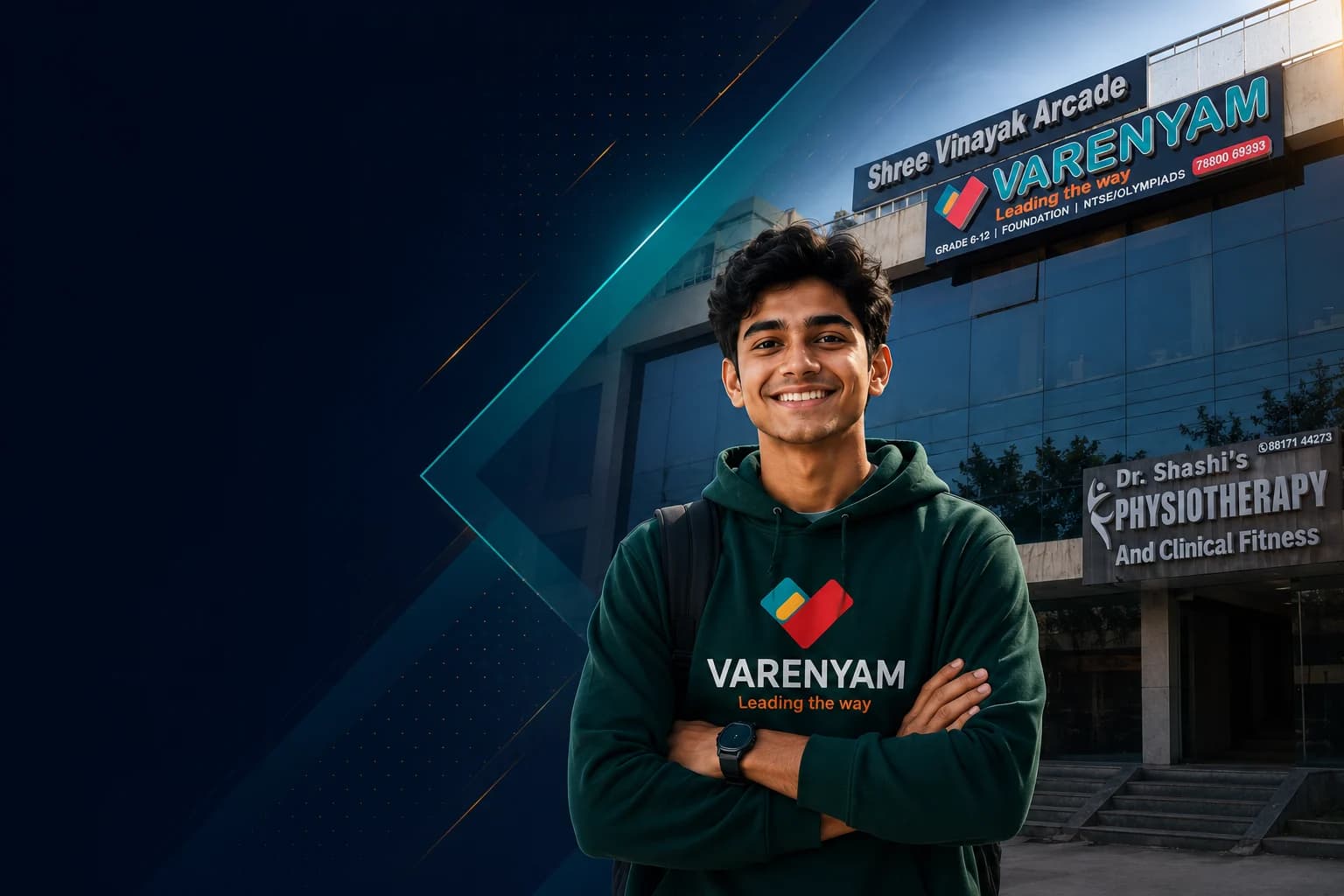 Varenyam student in front of the Varenyam Education Centre, Indore